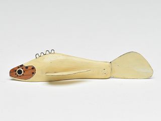 Rare curved body bat wing fish decoy, Leroy Howell, Hinkley, Minnesota, 2nd quarter 20th century.