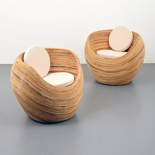 Pair of Rattan Lounge Chairs, Manner of Crespi