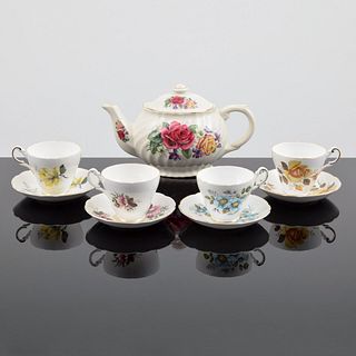 English Floral China Tea Set, 9 Mixed Floral Pieces