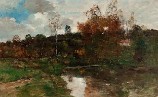 AUGUSTE CHAIX (France, 1860 - 1922). "River landscape". Oil on canvas.