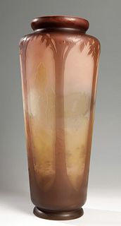 Art Nouveau vase by GALLÉ; France, ca. 1910. Original period piece. 
Acid-etched cameo glass. 
With frame.