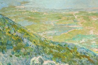 RAFAEL MARÍA MARTÍNEZ PADILLA (Málaga, 1878 - Barcelona, 1961). 
"Bay of Roses", Costa Brava. 
Oil on canvas.