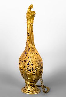 Pilgrim's flask. Italy, XIX century. 
Glass and gilded bronze.