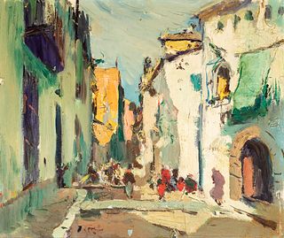 JOAQUIN MIR TRINXET (Barcelona, 1873 - 1940). "Street with figures". Oil on canvas.