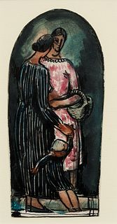 JULIO GONZÁLEZ PELLICER (Barcelona, 1876 - Arcueil, France, 1942). "Maternity black and pink", 1929. Watercolor, pencil, Indian ink, ink wash and pe