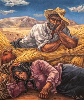 JOSÉ VELA ZANETTI, (Milagros, Burgos, 1913 - Burgos, 1999). "Peasants resting after the harvest". Oil on canvas. Signed in the lower right corner. 