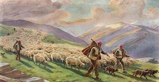 DIONÍS BAIXERAS VERDAGUER (Barcelona, 1862 - 1943). "Shepherds with flock of sheep". Oil on canvas. Signed in the lower corner. Size: 116 x 225 cm