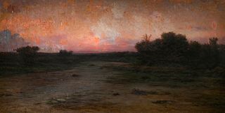 MODEST URGELL INGLADA (Barcelona, 1839 - 1919). "Landscape at sunset". Oil on canvas. Signed in the lower right corner. Size: 144 x 297 cm; 175,5 