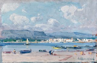 ELISEO MEIFRÈN ROIG (Barcelona, 1859 - 1940). "Marina". Oil on panel. Signed in the lower right corner. Size: 30 x 45 cm; 57,5 x 73,5 cm (frame).