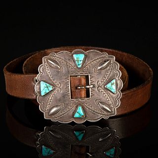 Foothills, California, Vintage Leather Belt and Diné Coin Silver Belt Buckle, ca. 1920-1930