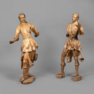 Spanish Colonial, Pair of Carved Wood Musicians, 18th Century