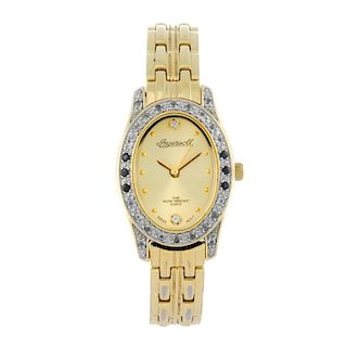 INGERSOLL - a lady's bracelet watch. Gold plated case with stainless steel case back and stone set b