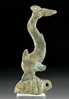 Charming Roman Bronze Oil Lamp Lid w/ Dolphin