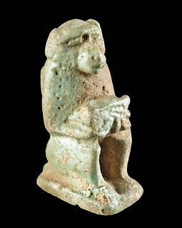 Egyptian Glazed Faience Pendant of Baboon w/ Wadjet