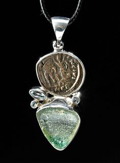 Roman Coin & Glass Pendant w/ Semi Precious Stones
