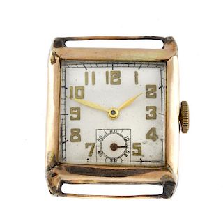 A gentleman's watch head. 9ct yellow gold case, import hallmarked Edinburgh. Date rubbed. Unsigned m