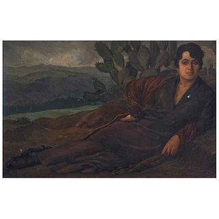 ALBERTO GARDUÑO, La esposa del artista, Firmado y fechado 1920, Óleo sobre tela sobre madera, 49 x 75 cm