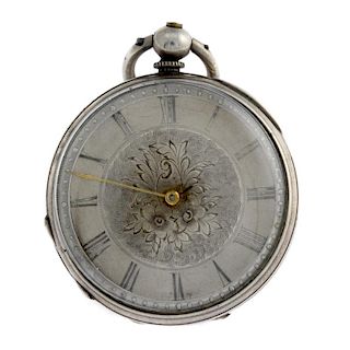 An open face pocket watch. White metal case, stamped Argent. Unsigned key wind Swiss bar movement wi