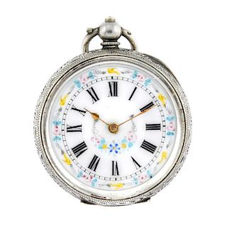 An open face pocket watch. White metal case, stamped 0.935 with poincon. Unsigned key wind three qua
