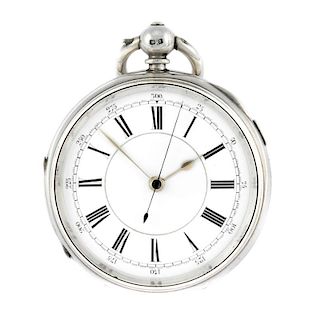 An open face centre seconds pocket watch. Silver case with presentation engraving to cuvette, hallma