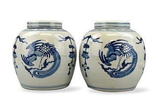 Pair of Chinese B & W Ginger Jars w/ Lids,19th C.
