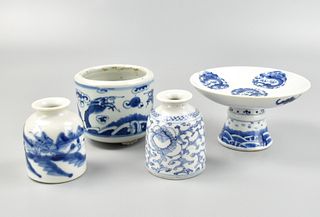 4 Chinese B&W Censer, Waterpot & Stem Plate,19th C