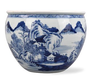 Chinese Blue & White Jar w/ Landscape,19th C .