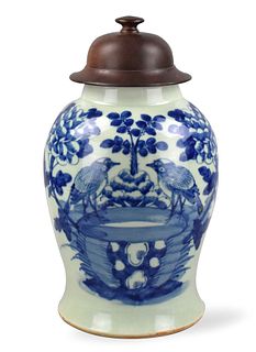 Chinese Celadon Glazed B & W Covered Jar, 19th C.