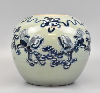 Chinese Celadon B & W Jar w/ Foo Lions,19th C.