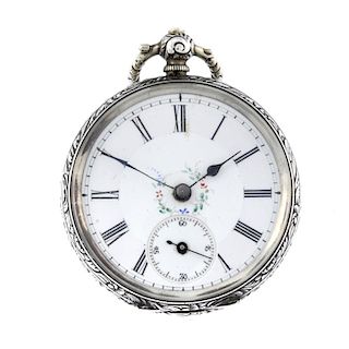 An open face pocket watch. White metal case, stamped 0.800. Unsigned key wind three quarter plate mo