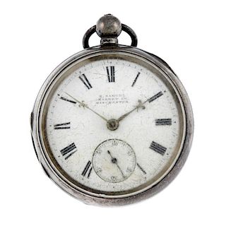 An open face pocket watch by H. Samuel. Silver case, hallmarked Chester 1894. Signed key wind going
