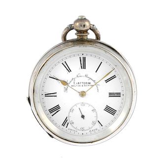 An open face pocket watch by T.Fattorini. White metal case, stamped 0.935 with poincon. Unsigned key