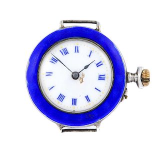 An open face fob watch. Silver and enamel case, import hallmarked London 1910. Unsigned keyless wind