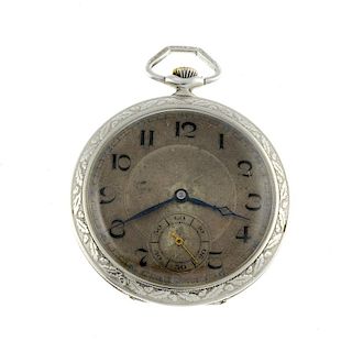 An open face pocket watch. Stamped 0,800. Unsigned fifteen jewel keyless wind movement with club too