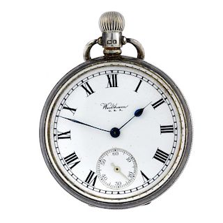 An open face pocket watch by Waltham. Silver case, hallmarked Birmingham 1930. Numbered 602731. Sign