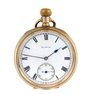 An open face pocket watch by Elgin. Gold plated case. Signed keyless wind seven jewel movement with