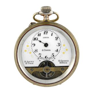 An eight day open face pocket watch. Base metal case. Unsigned keyless wind eight day movement. Whit