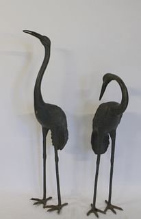 2 Patinated Metal / Bronze Heron Sculptures.