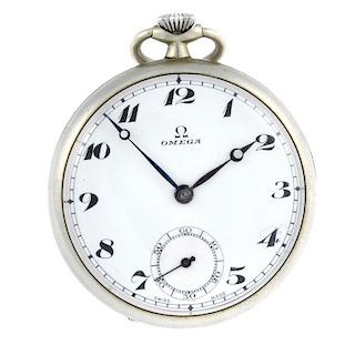 An open face pocket watch by Omega. Base metal case. Signed keyless wind fifteen jewel movement with