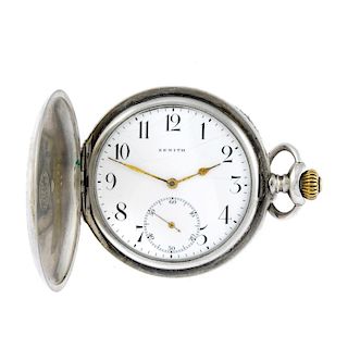 A full hunter pocket watch by Zenith. White metal case, stamped 0.800 with poincon. Numbered 2873633