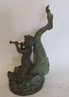 A Patinated Bronze Dolphin Form Fountain.