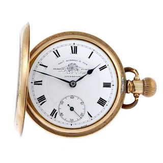 A full hunter pocket watch by Thomas Russell. Gold plated case. Signed keyless wind ten jewel moveme