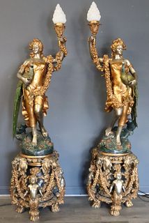 A Large Pr Of Bronze Ornate Figural Torchieres On