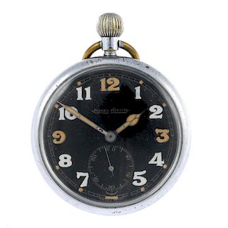 An open face military issue pocket watch by Jaeger-LeCoultre. Base metal case, stamped with British