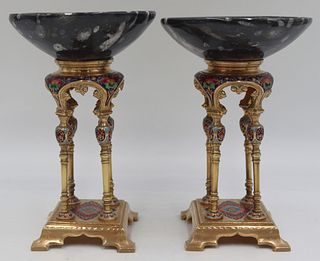 Pair of Polished Stone and Enamel Decorated Tazzas