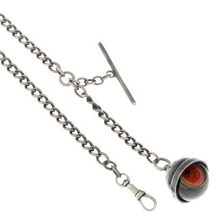 A white metal curb link Albert chain with silver swivel fob, hallmarked London 1879. Length 40cm. <b