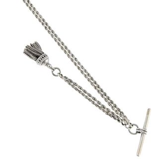 A white metal Albertina chain, with tassel fob. Length 32mm. <br><br> Chain shows general marks and