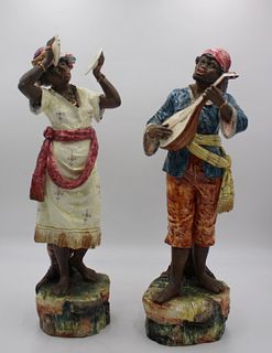 2 Antique Majolica Porcelain Black Musicians.
