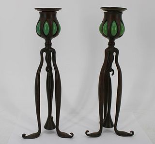 A Pair Of Tiffany Studios Bronze Candlesticks.