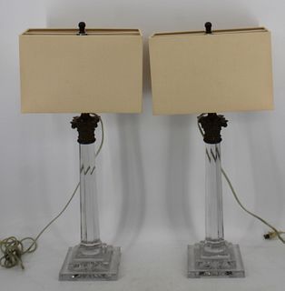 Pair Of Baccarat Quality Column Form Glass Lamps.